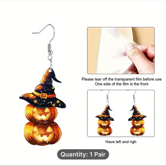 Earrings, NWT, Acrylic, Stainless Steel Posts, Day Of Dead Wizard Hat Pumpkin - Picture 3 of 6